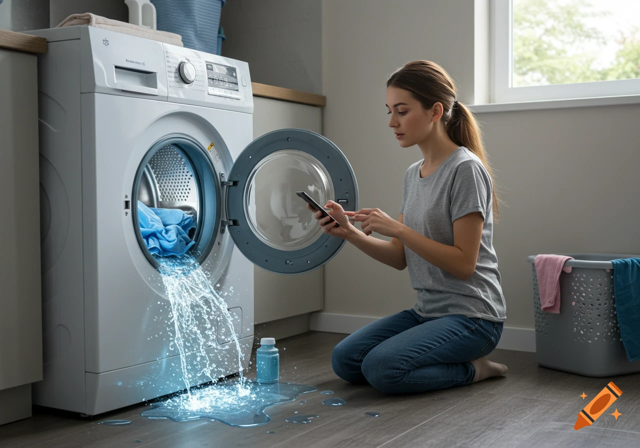 A woman kneels by a leaking washing machine, looking at her phone for a solution in a photorealistic style.