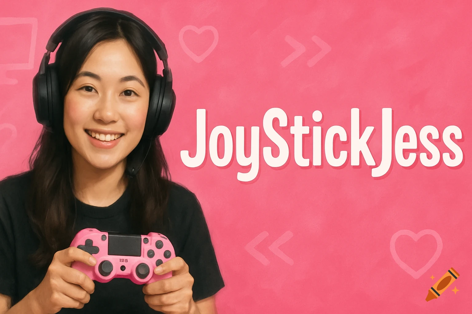A smiling young woman wearing headphones holds a pink gaming controller, with "JoyStickJess" text on a pink background.