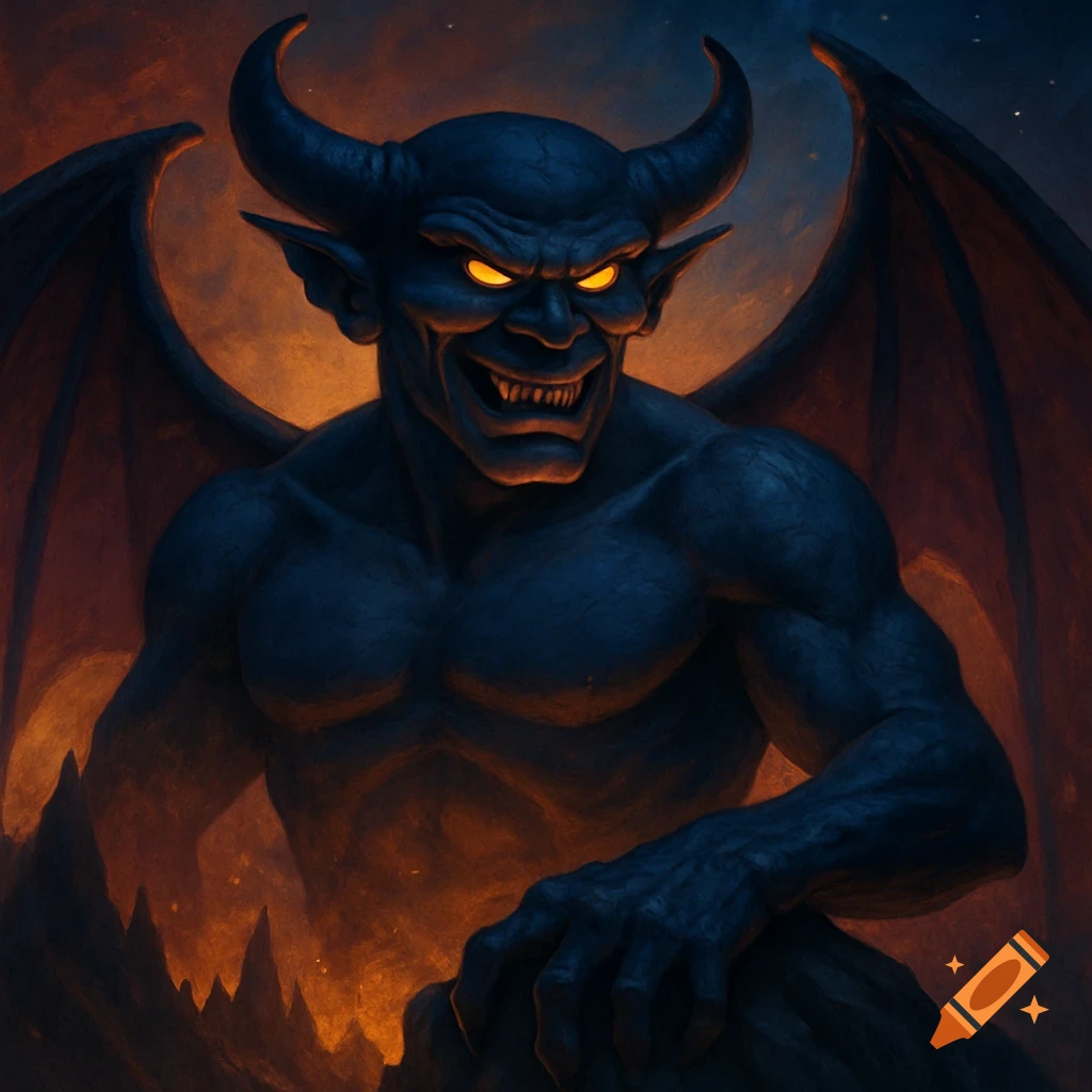 A dark, horned creature with glowing yellow eyes, sharp teeth, and large wings, set against a fiery, smoky background with a dark, starry sky.