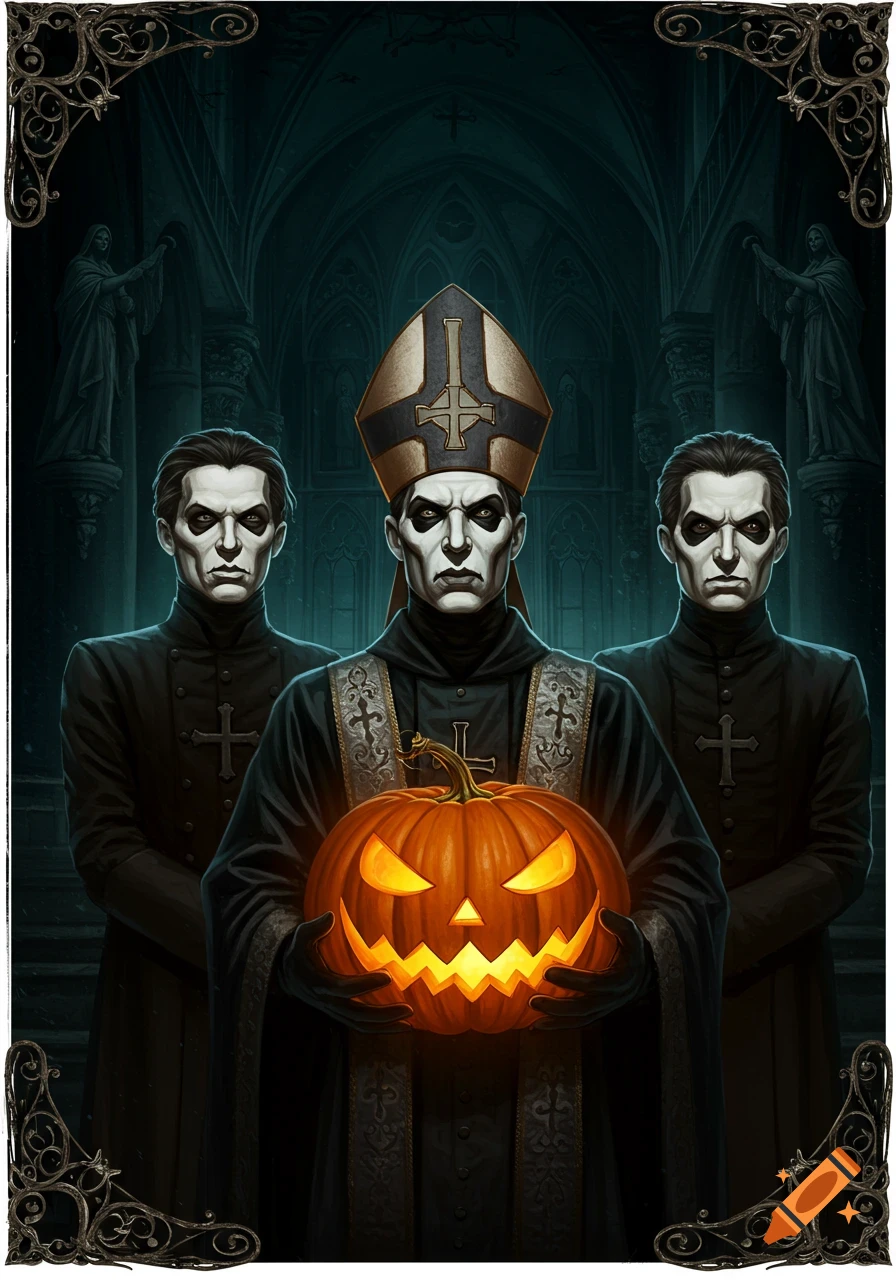 Three figures in dark clerical robes with dark eye makeup stand in a gothic church, with the central figure holding a glowing jack-o'-lantern.