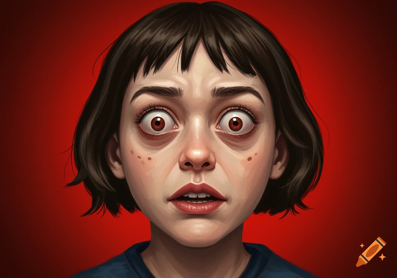 Stylized illustration of a person with wide, bloodshot eyes and a scared expression against a red background.