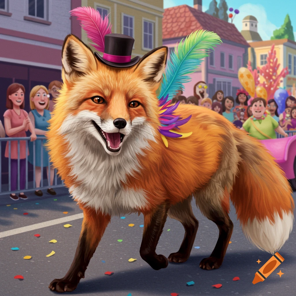 A cheerful, illustrated fox wearing a feathered top hat and colorful shoulder feathers walks in a parade, with confetti on the street and people watching in the background.