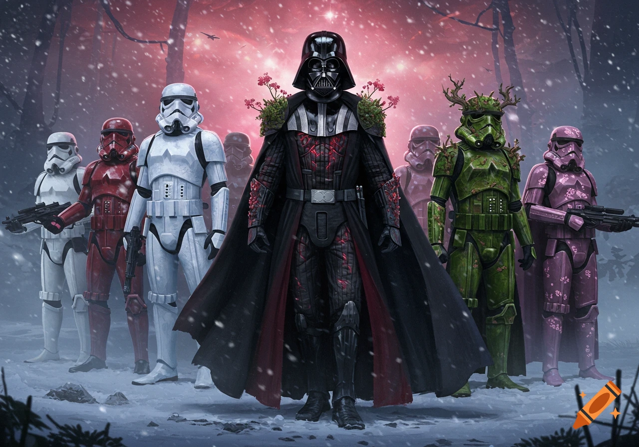 Darth Vader and colorful Stormtroopers stand in a snowy forest under a pink sky, with flowers and moss adorning their armor. Digital art.