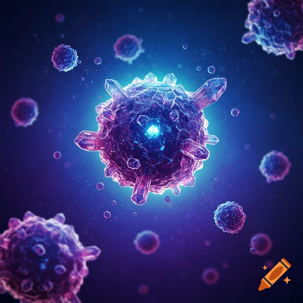 A vibrant purple and blue crystalline cell-like structure glows in a dark microscopic environment with smaller particles.