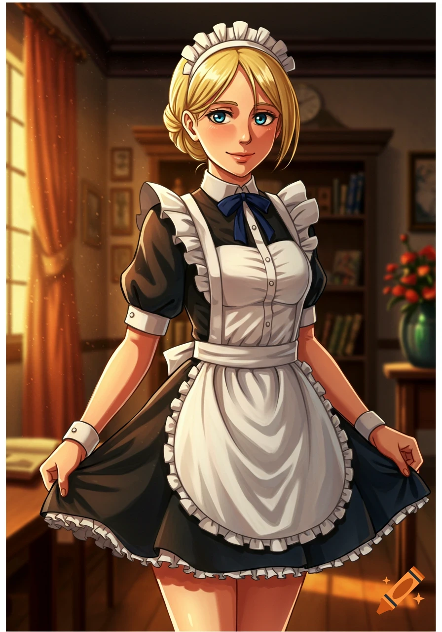 An anime-style woman with blonde hair and blue eyes, wearing a black and white maid dress, stands in a warmly lit room.