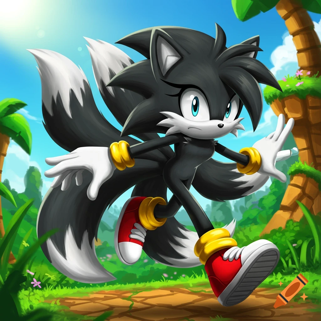 A black female fox character with blue eyes and four tails in the style of Sonic the Hedgehog stands on a green jungle path.