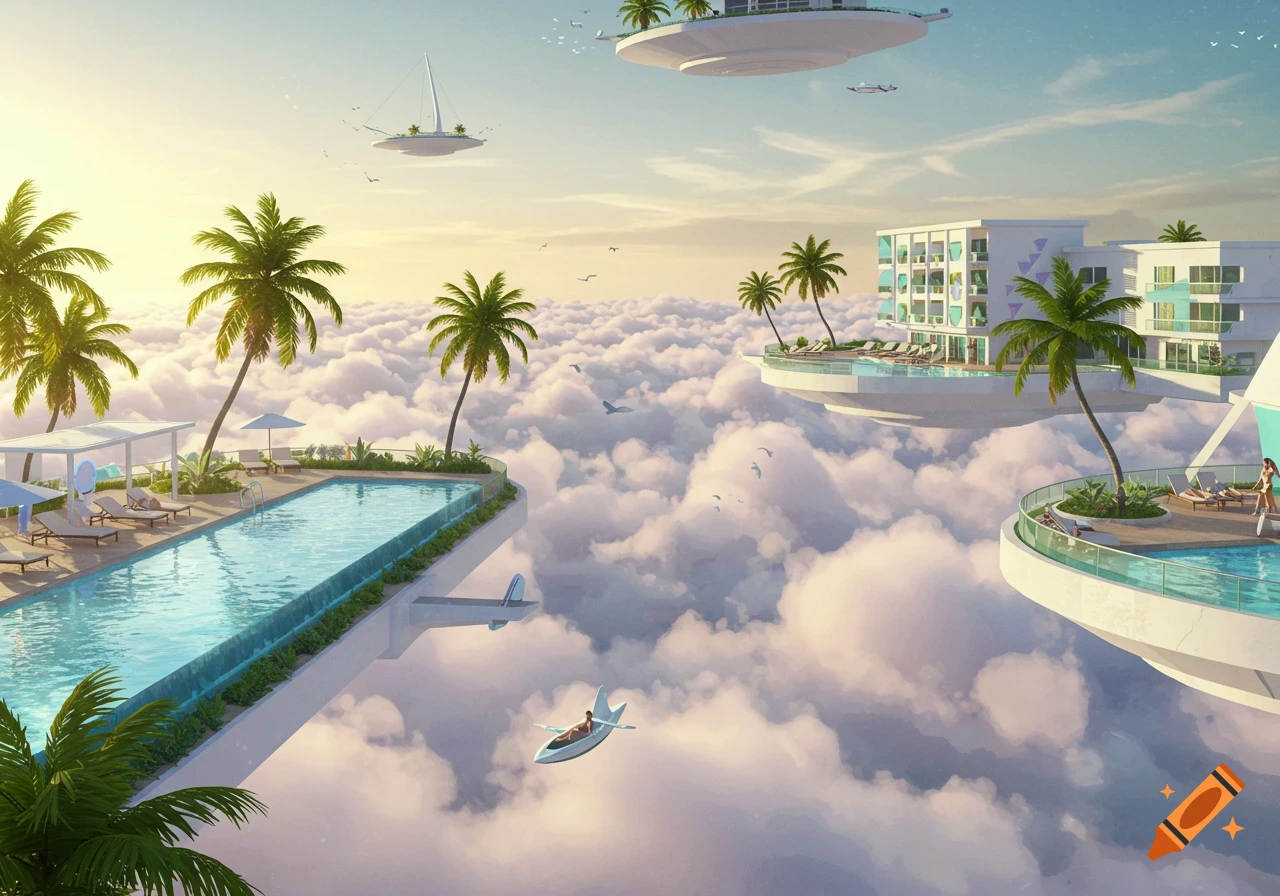 A tropical resort floats above the clouds with infinity pools, palm trees, and buildings, bathed in soft morning light.