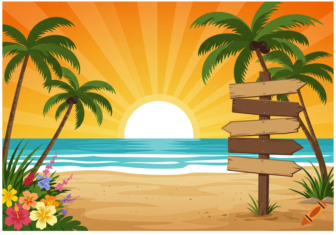 Vibrant illustration of a tropical beach at sunset with palm trees, colorful flowers, and a blank wooden signpost.