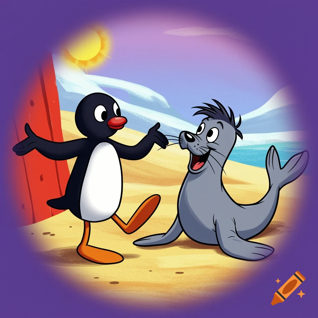 Pingu the penguin and Robby the seal interacting on a sandy beach with the sun in the background, in a cartoon style.