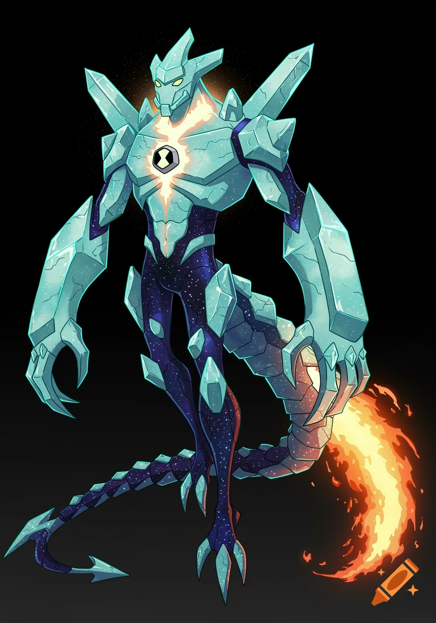 A humanoid alien composed of blue crystals and a starry body, with a flaming tail and a black and green symbol on its chest.