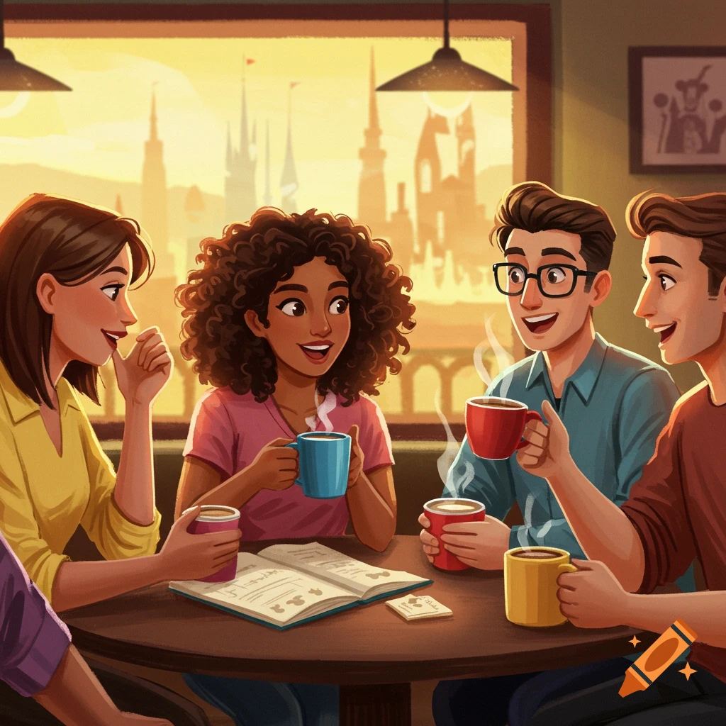 Four diverse friends in a cartoon style, sitting around a table in a cafe, drinking coffee. A stylized cityscape with castle-like buildings is visible through a large window in the background.