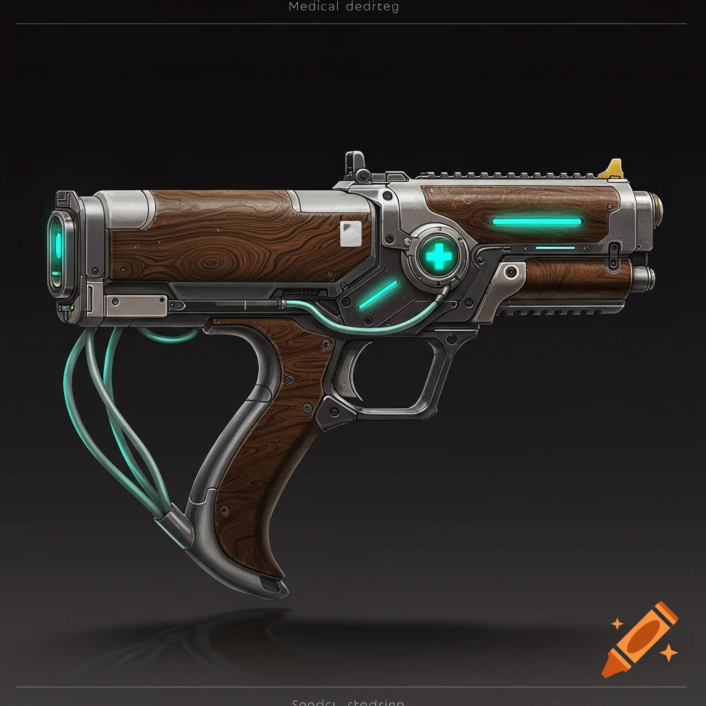 A futuristic sci-fi medical gun with wood grain accents, metal components, and glowing turquoise lights and tubes, set against a dark background.