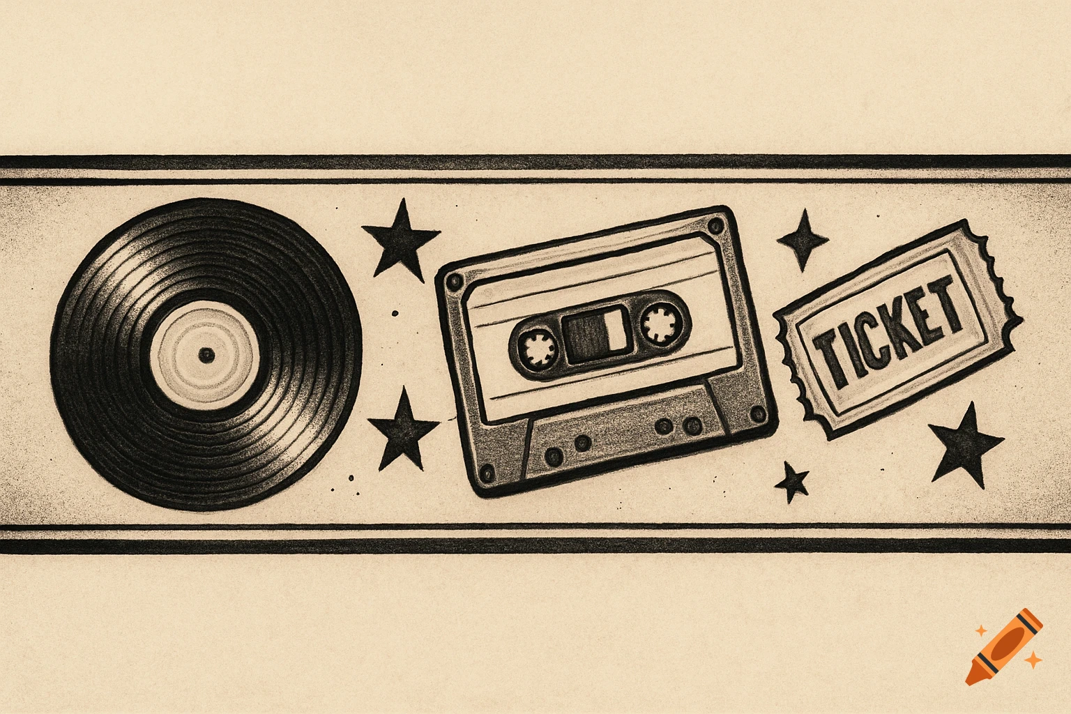 Vintage style illustration of a vinyl record, cassette tape, and concert ticket with stars.