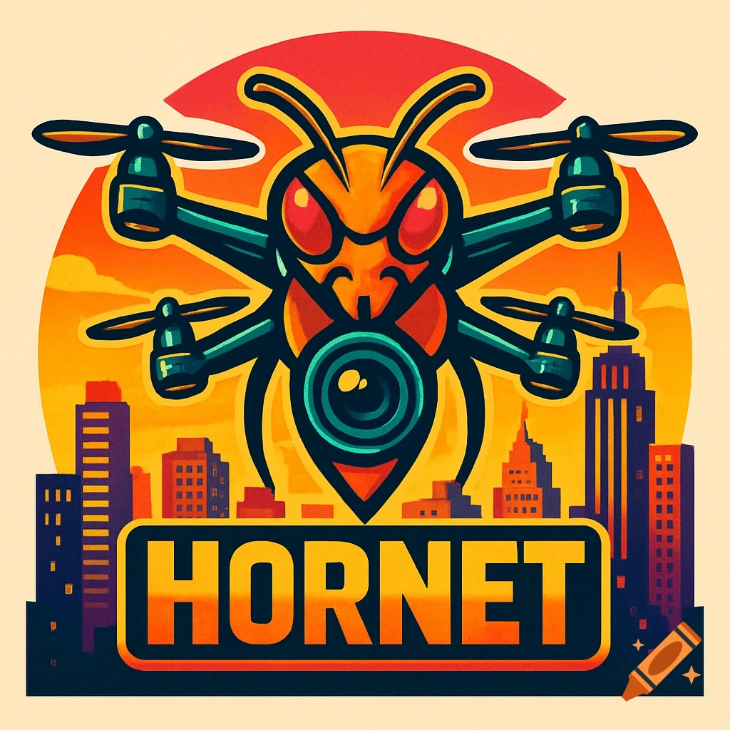 A vibrant logo featuring a stylized hornet head with drone propellers, set against an orange city skyline, with 'HORNET' text below.
