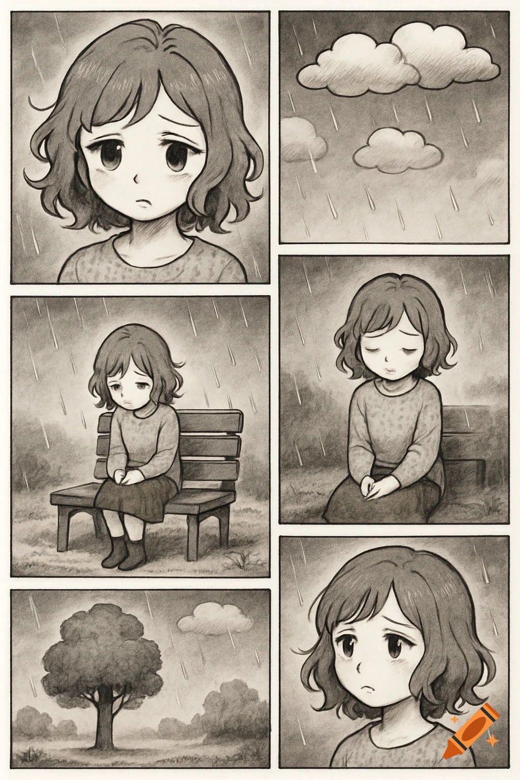 A monochromatic 5-panel manga of a sad girl sitting alone in the rain, with close-ups and scenes of clouds and a tree.