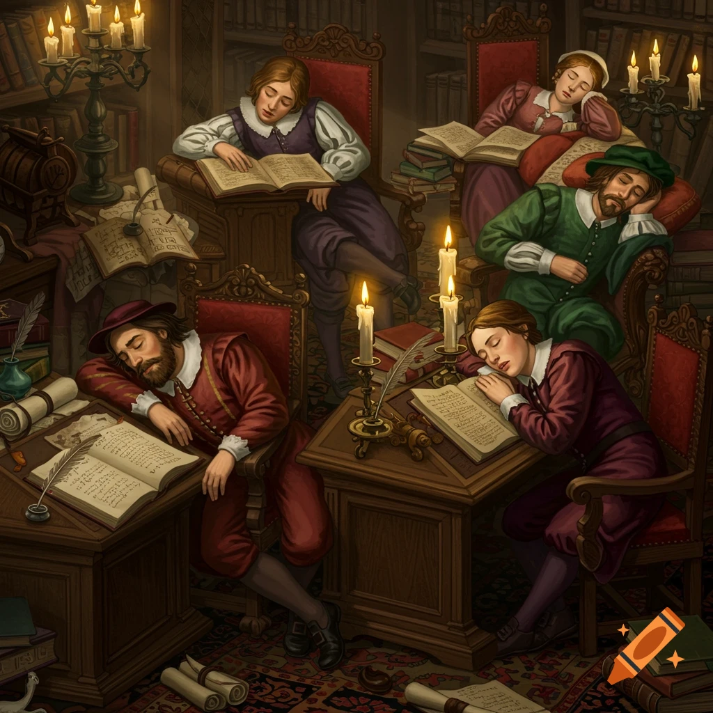 Scholars sleep amidst open books, candles, and scrolls in a dimly lit, old library, in a classical art style.