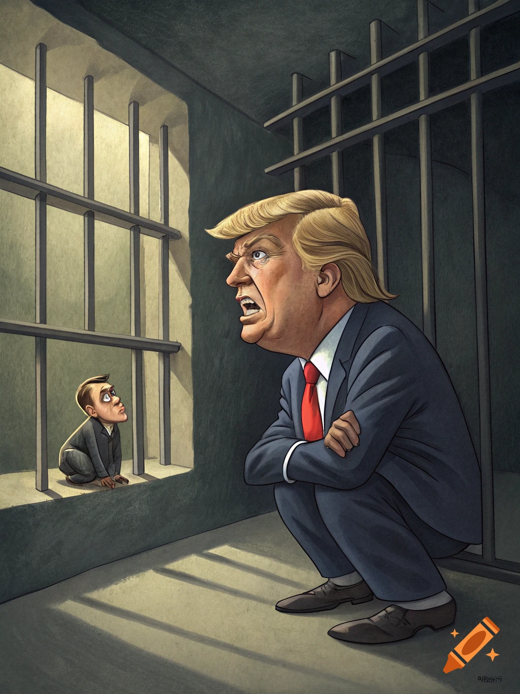 Cartoon of an angry Donald Trump looking at a small, scared man in a jail cell.