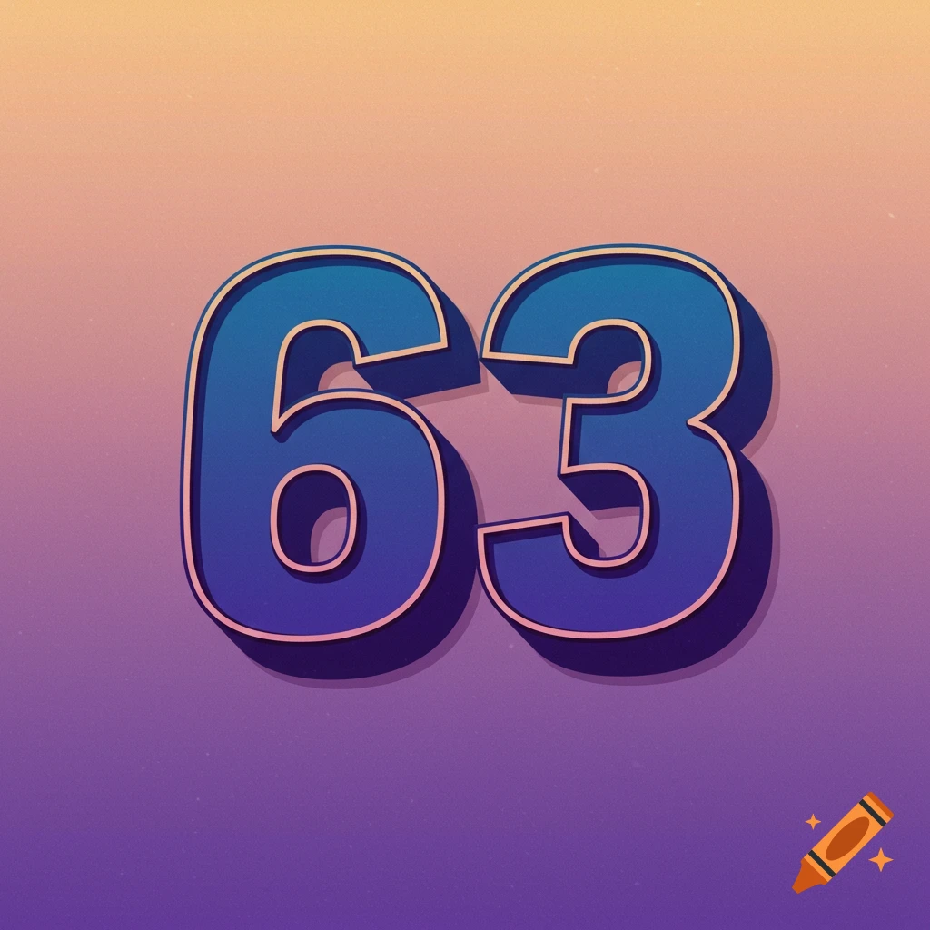 The number 63 rendered in a blue 3D style with an orange and purple gradient background.