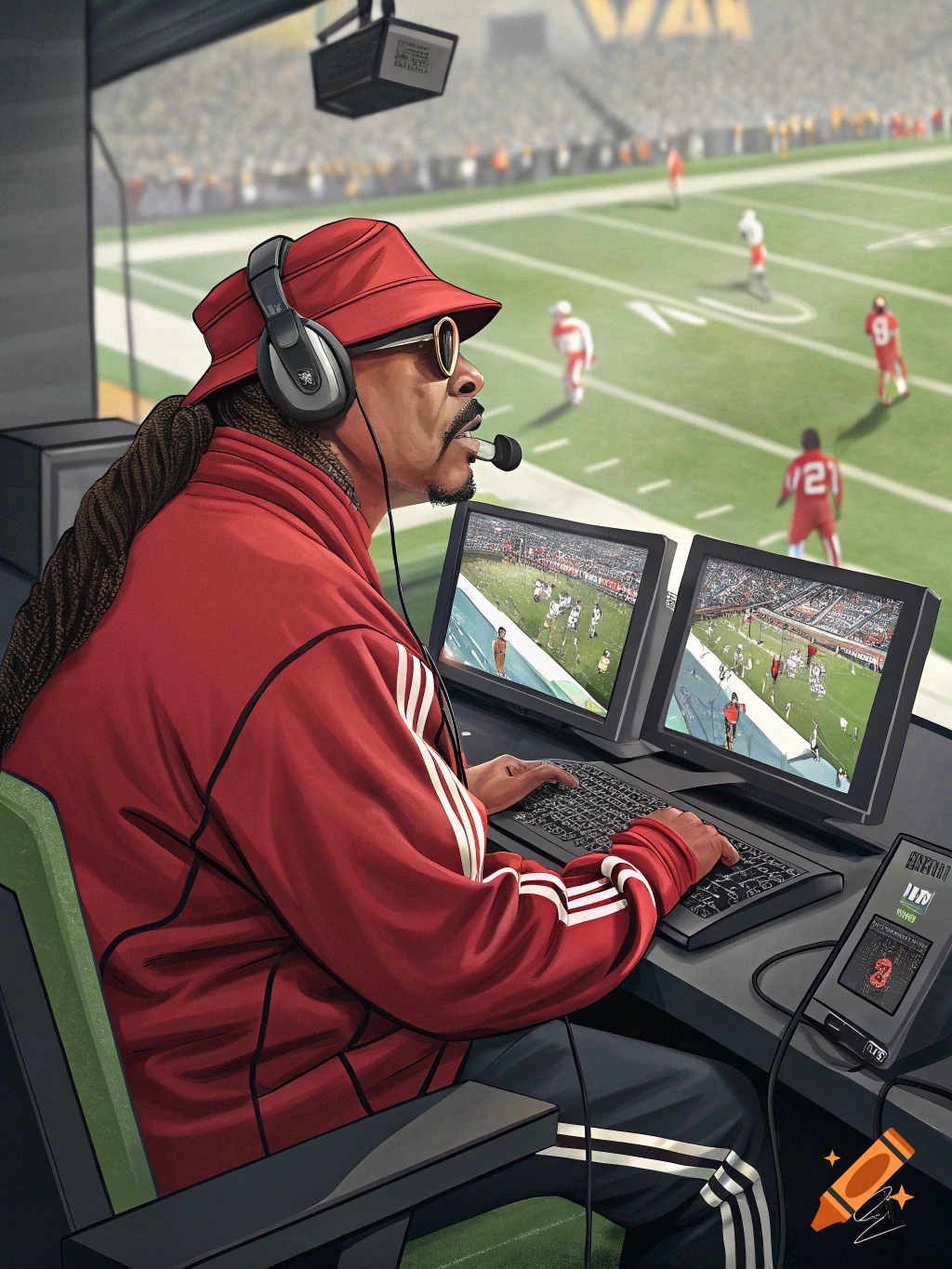 An illustration of Snoop Dogg wearing headphones and a red tracksuit, sitting at a desk with dual monitors displaying a football game, in a stadium broadcast booth.