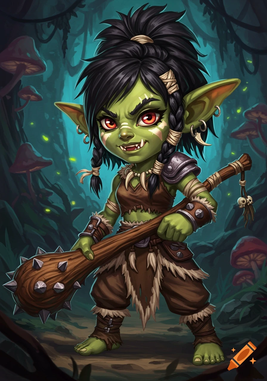 A cute, green-skinned female goblin barbarian with dark hair and red eyes holds a spiked club in a mystical forest. Digital painting.