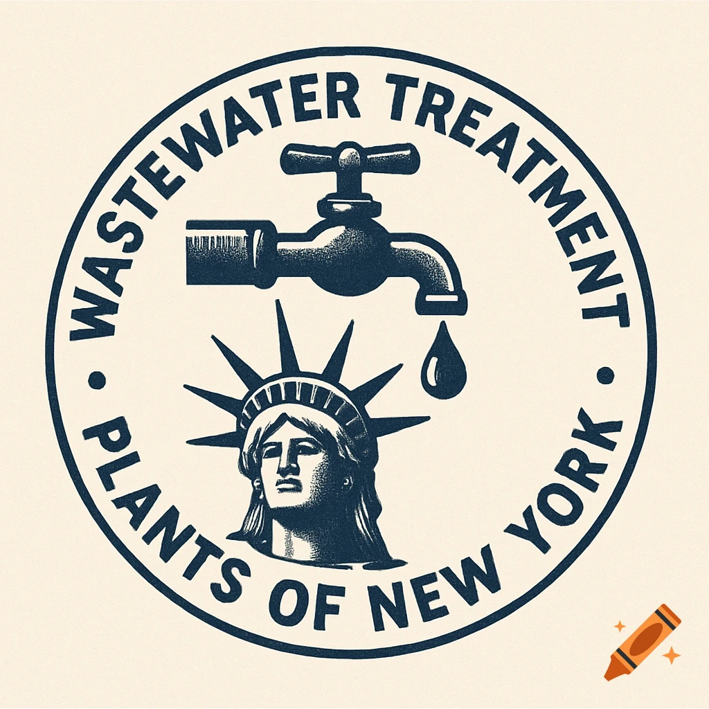 A circular vintage print logo featuring a water faucet dripping onto the Statue of Liberty's head, encircled by text 'WASTEWATER TREATMENT PLANTS OF NEW YORK'.