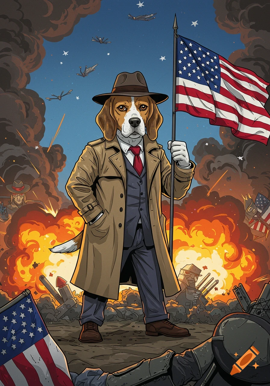 A cartoon beagle dressed in a trench coat and fedora stands on a battlefield holding an American flag, with explosions and military aircraft in the background.