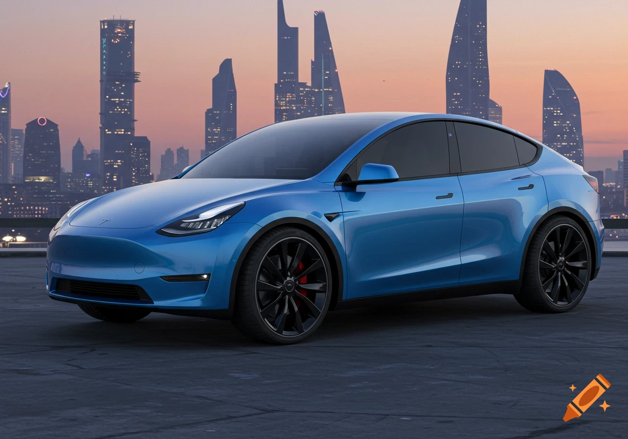 A blue Tesla car parked on a rooftop, with a modern city skyline at sunset in the background.