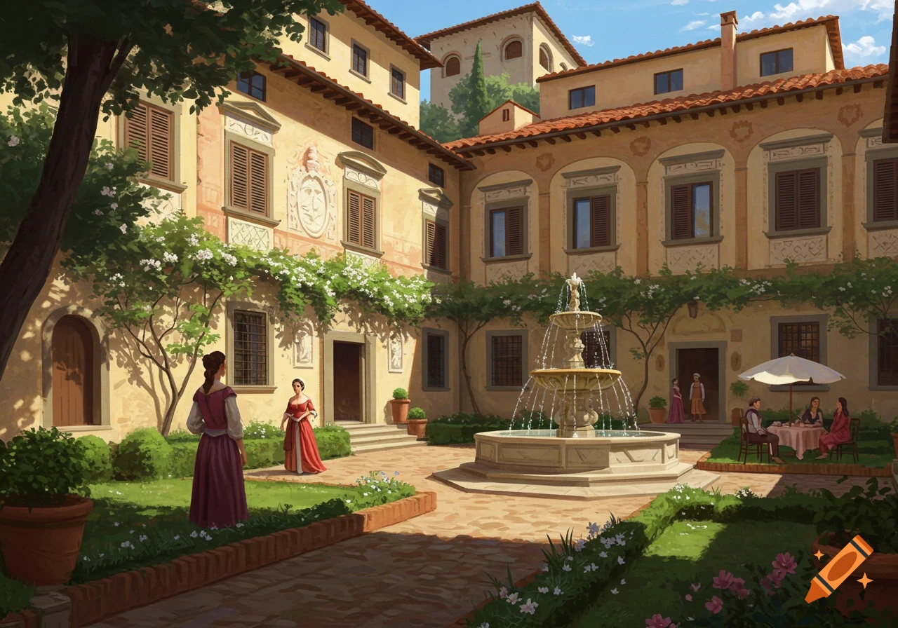 A sunlit courtyard of a large Italian villa with a central fountain, lush greenery, and people in historical attire.
