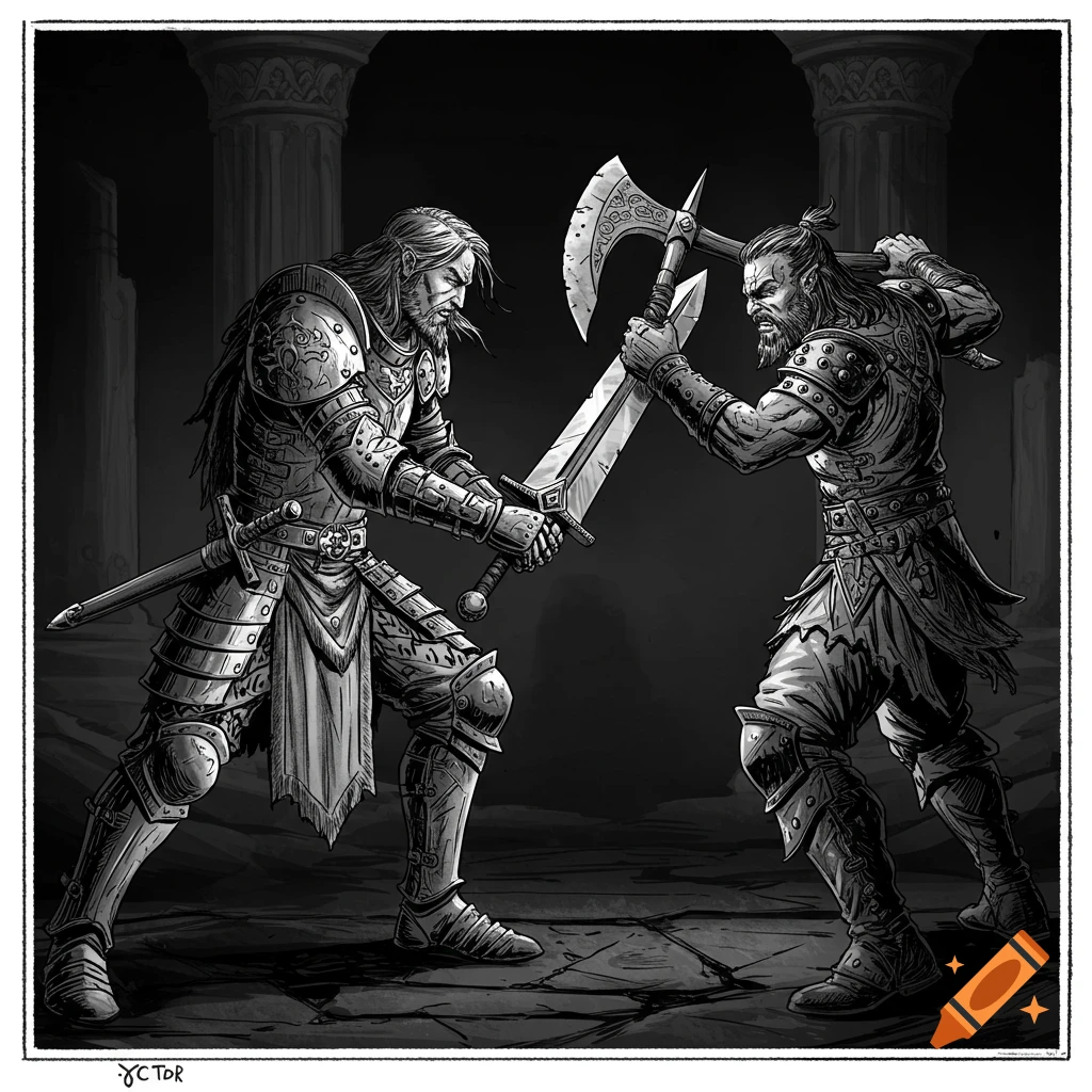 Black and white illustration of two armored warriors, one with a sword and one with an axe, engaged in combat.