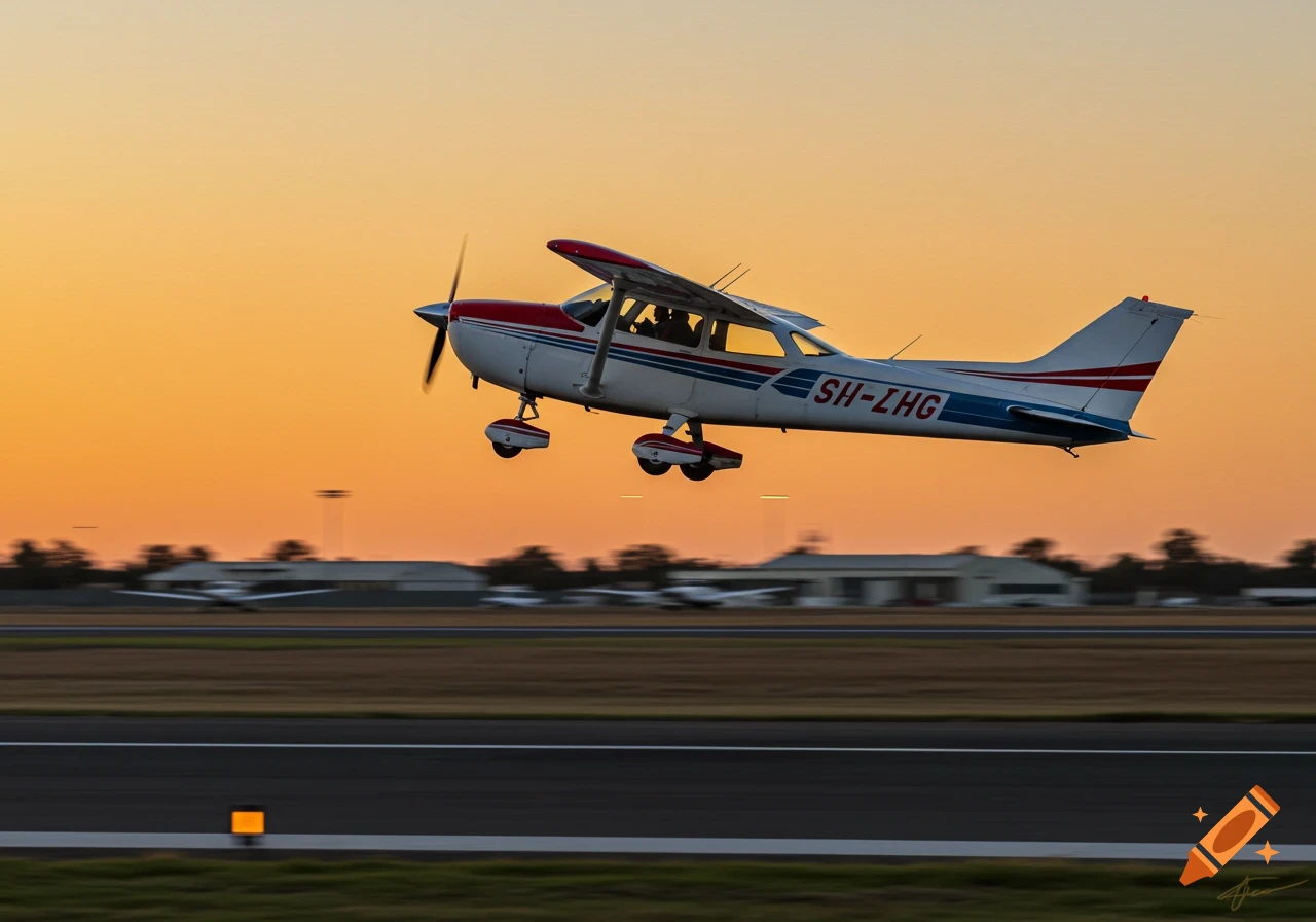 A small red and white Cessna airplane lifts off from an airport runway against a golden sunset sky.