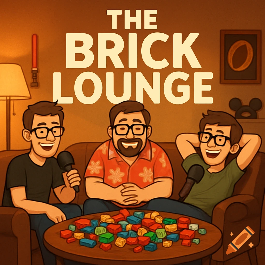 Cartoon illustration of three men with glasses on a couch, with a table of colorful LEGO bricks. The title 'THE BRICK LOUNGE' is at the top.