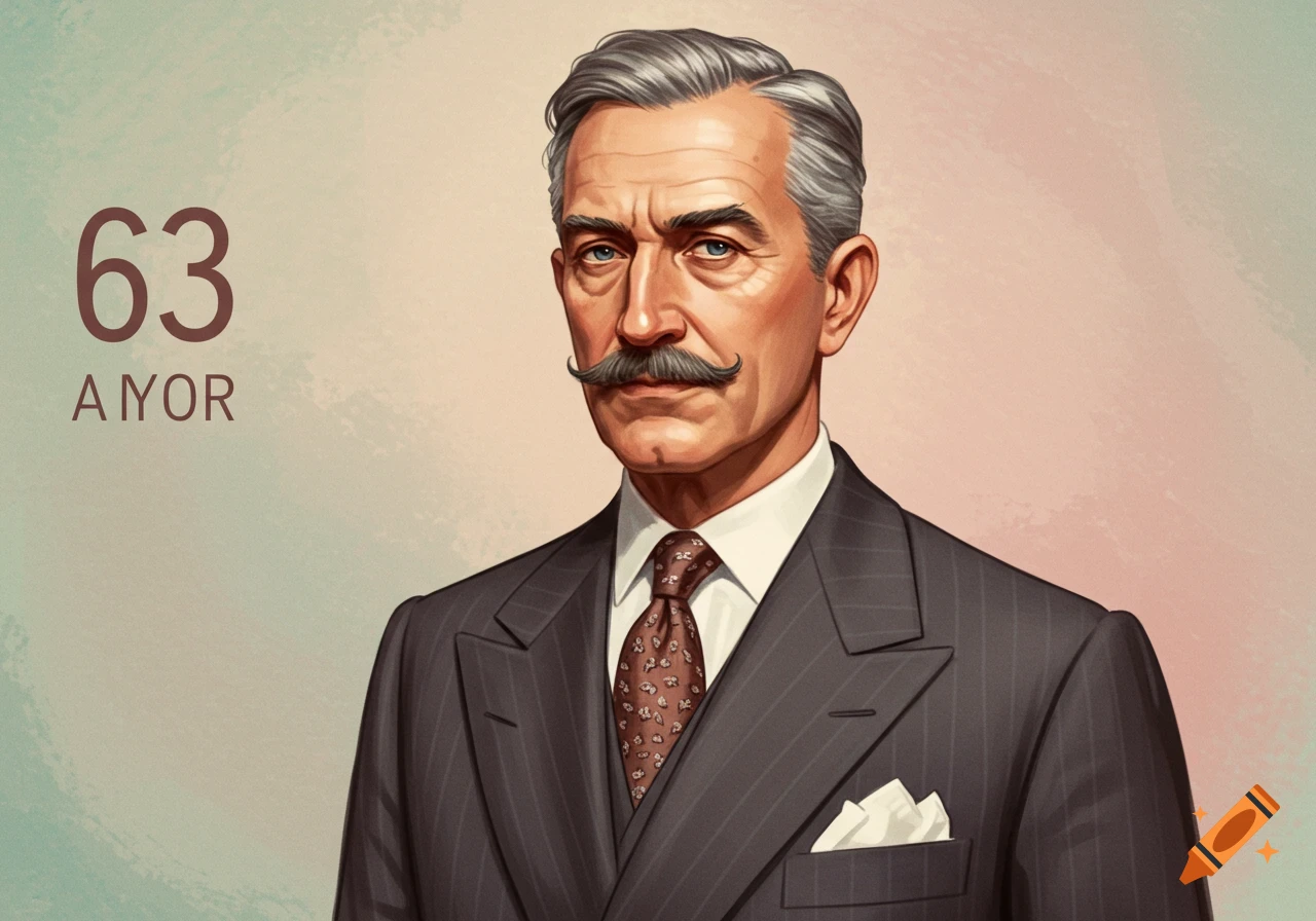 An illustrated portrait of an older man with gray hair and a mustache wearing a pinstriped suit. The numbers 63 and text AYOR are on the left.