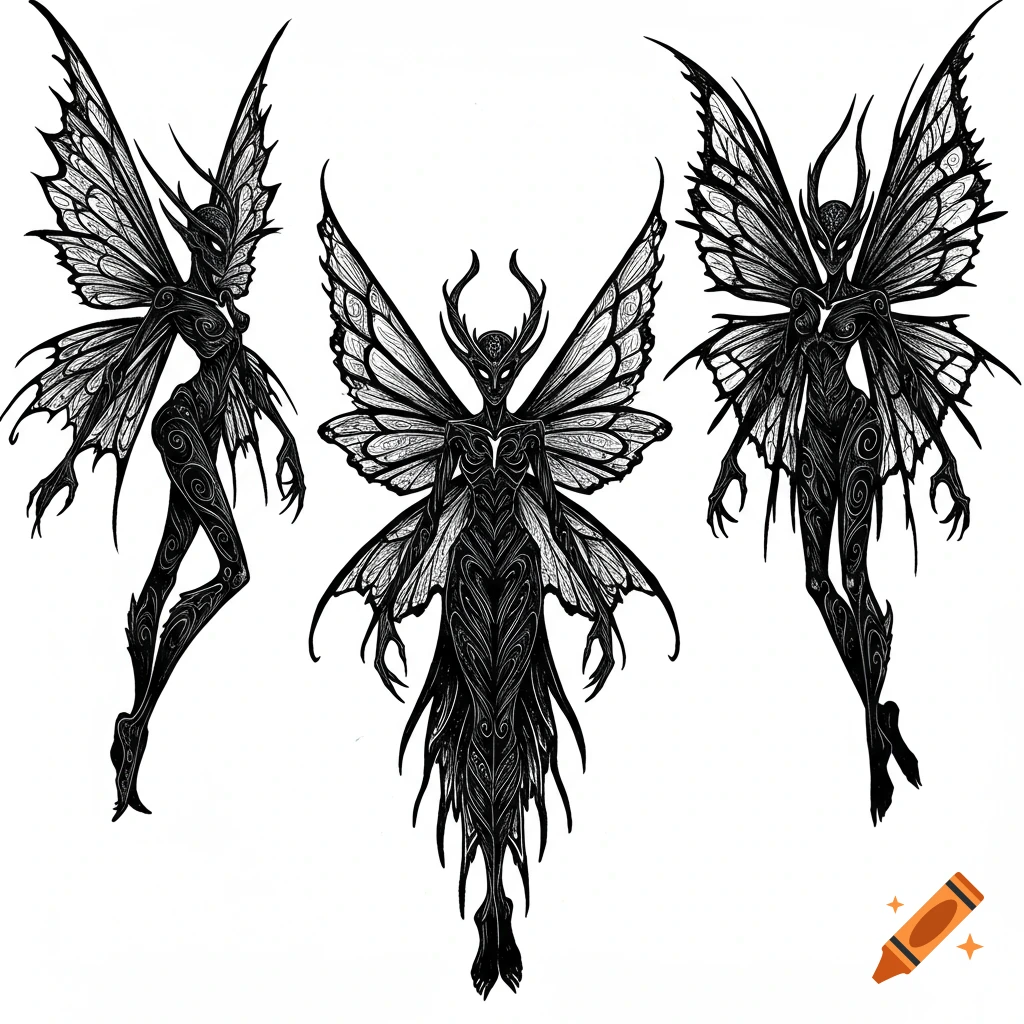 Black and white outline illustration of three dark, ominous, winged fairy-like creatures with sharp claws and horns.