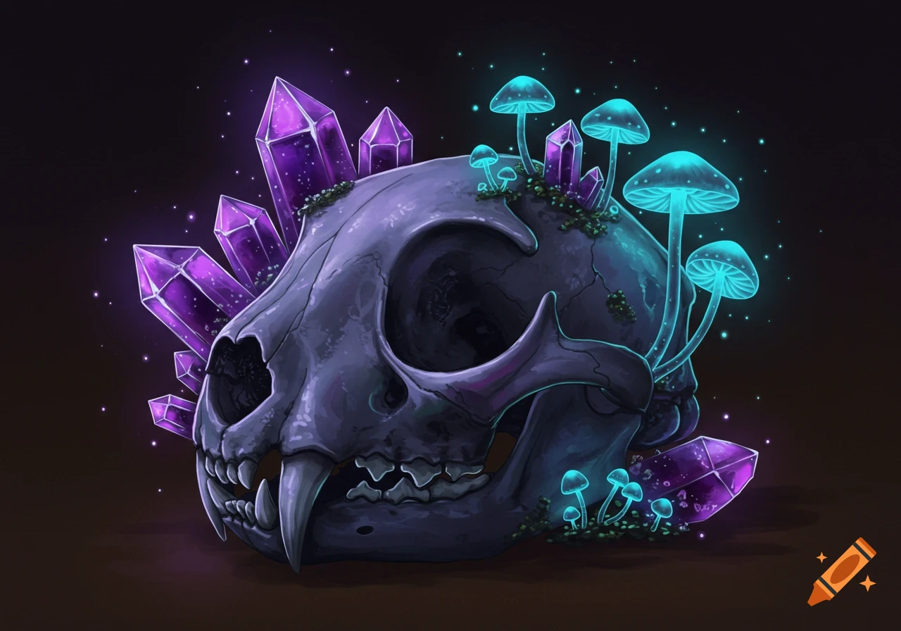 Stylized cat skull adorned with glowing purple crystals and luminous blue mushrooms on a dark background in a digital art style.