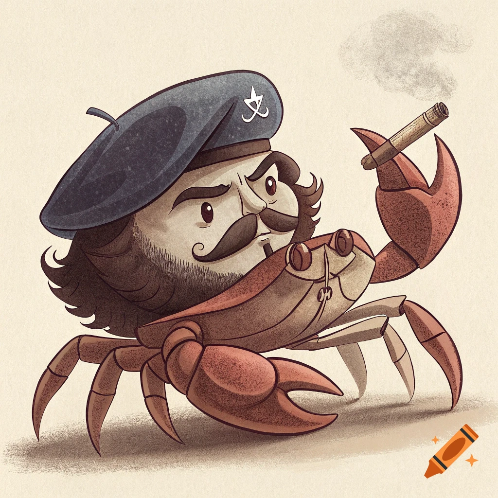 A stylized cartoon crab with a beard and beret, holding a smoking cigar.