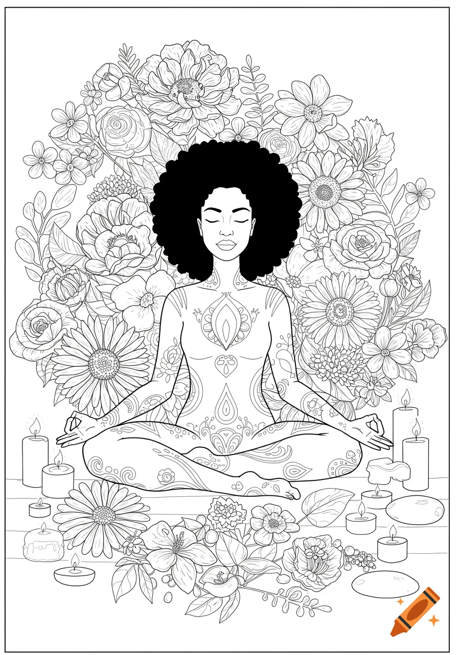 Line art coloring page of a Black woman meditating in lotus pose, surrounded by detailed flowers and candles.