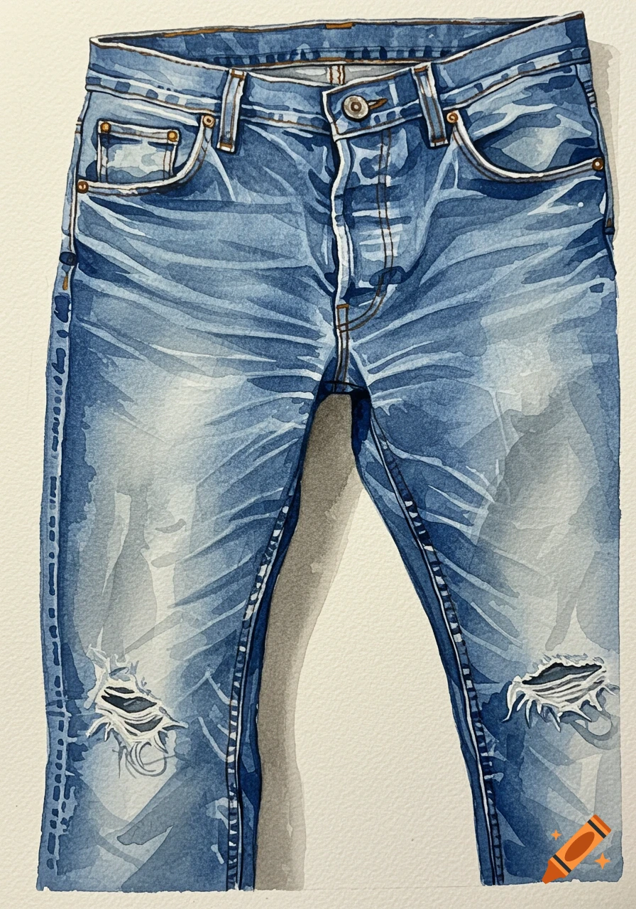 A watercolor painting of a scruffy pair of blue jeans with rips at the knees.