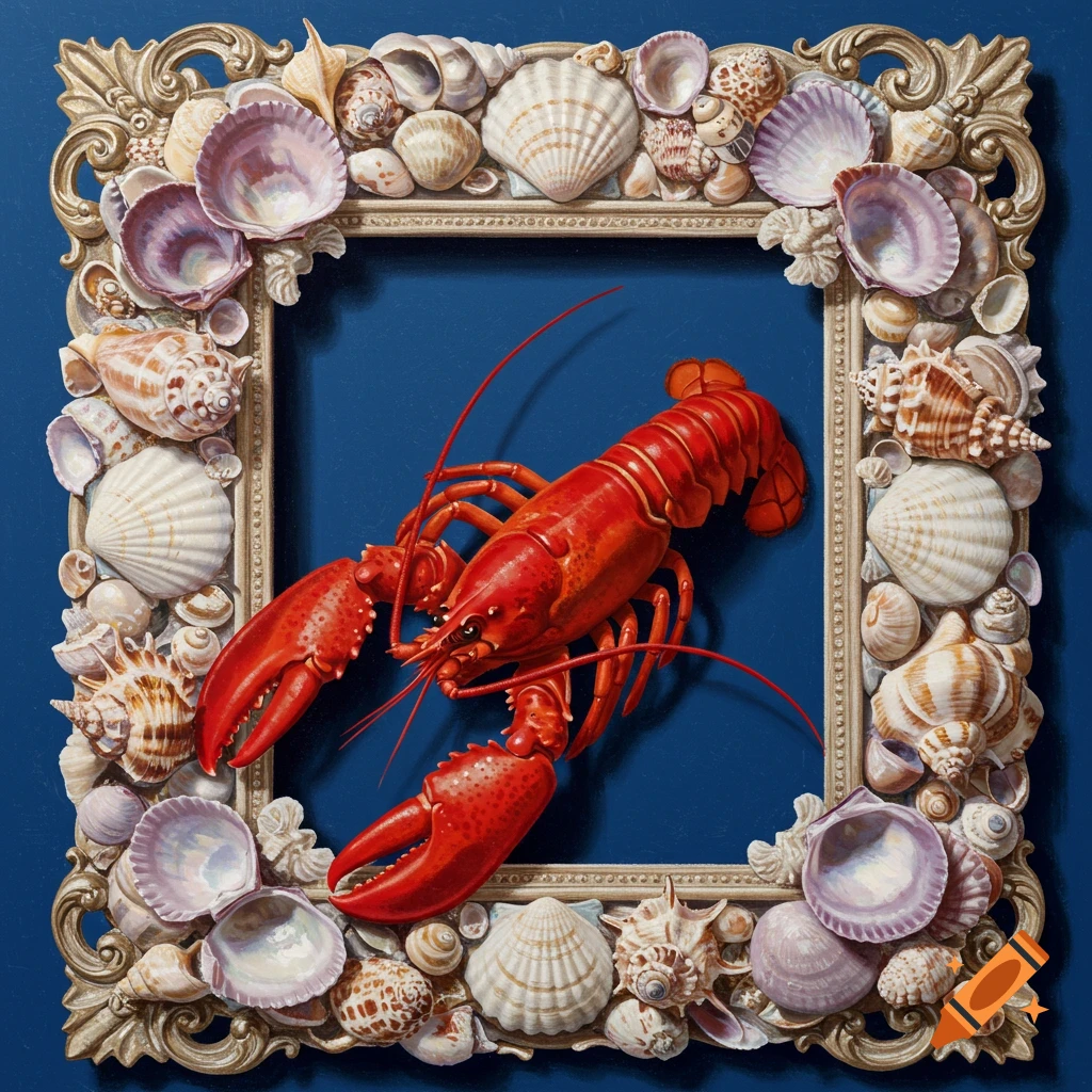 A bright red lobster displayed in an ornate picture frame decorated with seashells, set against a blue background.