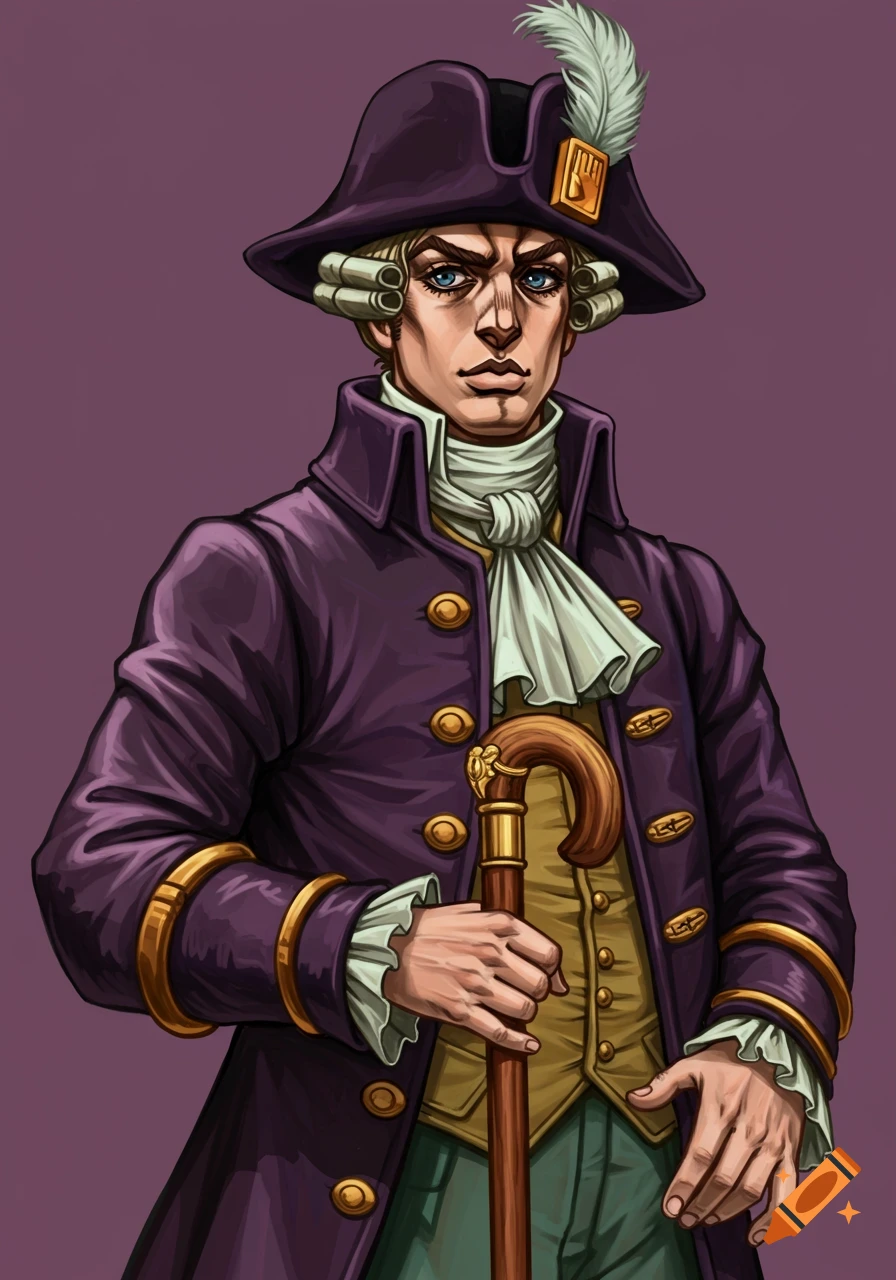 A stern-faced man in 18th-century Georgian attire with a purple coat and tricorne hat, holding a cane, in a stylized anime art style.