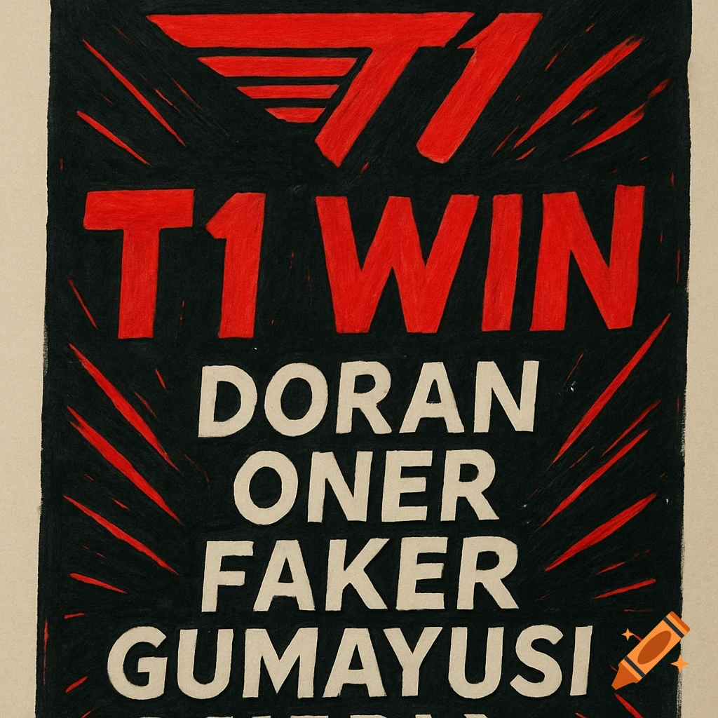 A black and red esports fan board featuring bold text 'T1 WIN' and player names 'DORAN, ONER, FAKER, GUMAYUSI' in a gritty style.