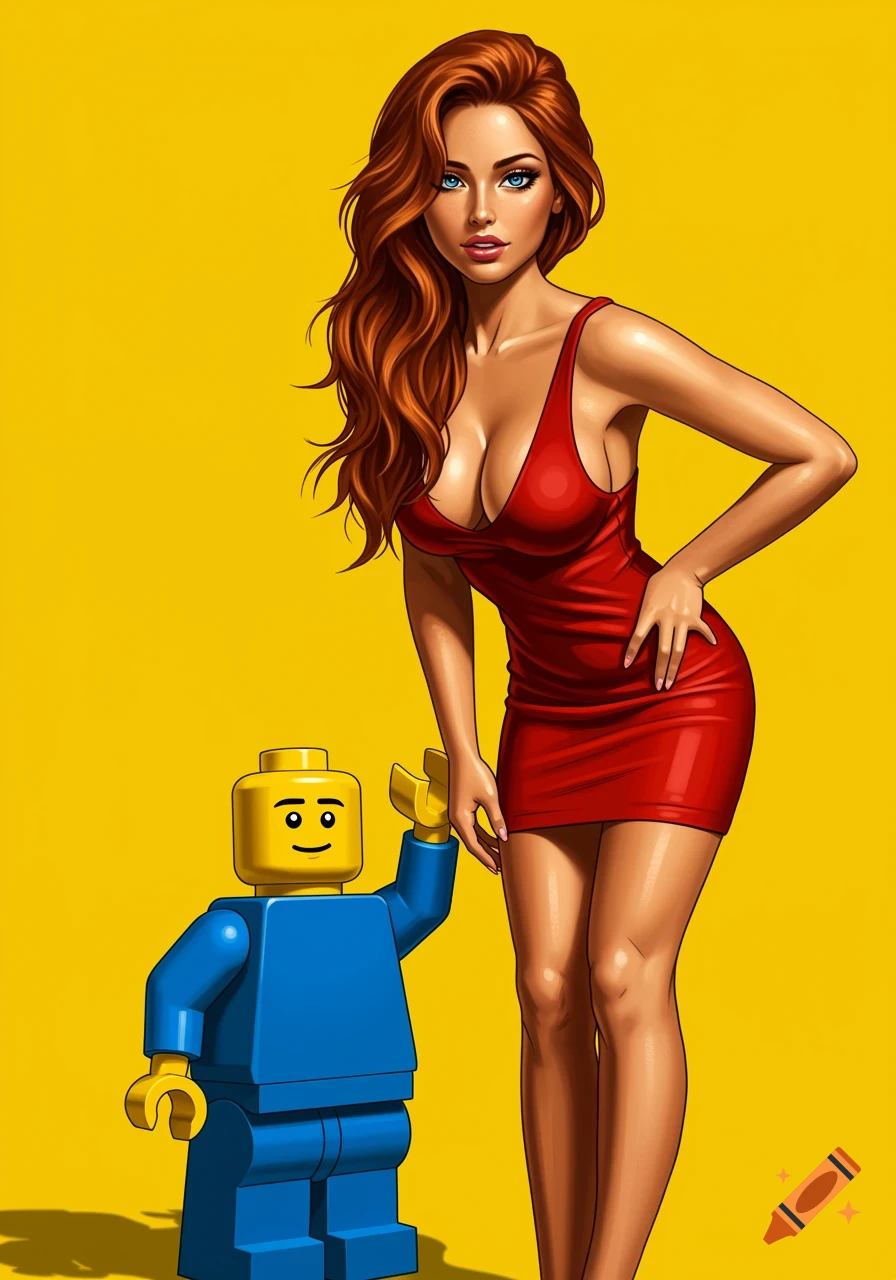 A stylized illustration of a woman in a red dress bending towards a Lego minifigure on a yellow background.