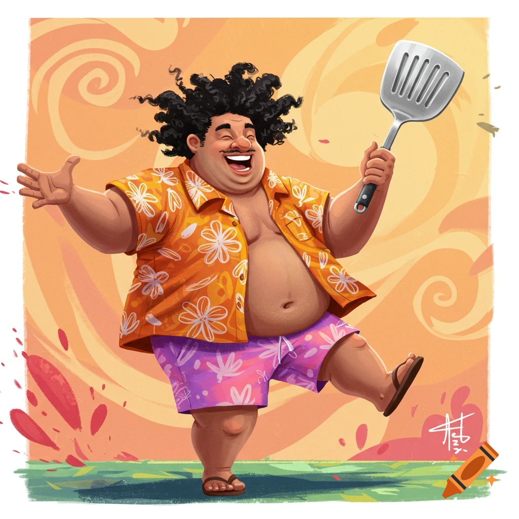 A cheerful, plump cartoon man with curly black hair, wearing a Hawaiian shirt and shorts, dances happily while holding a spatula.