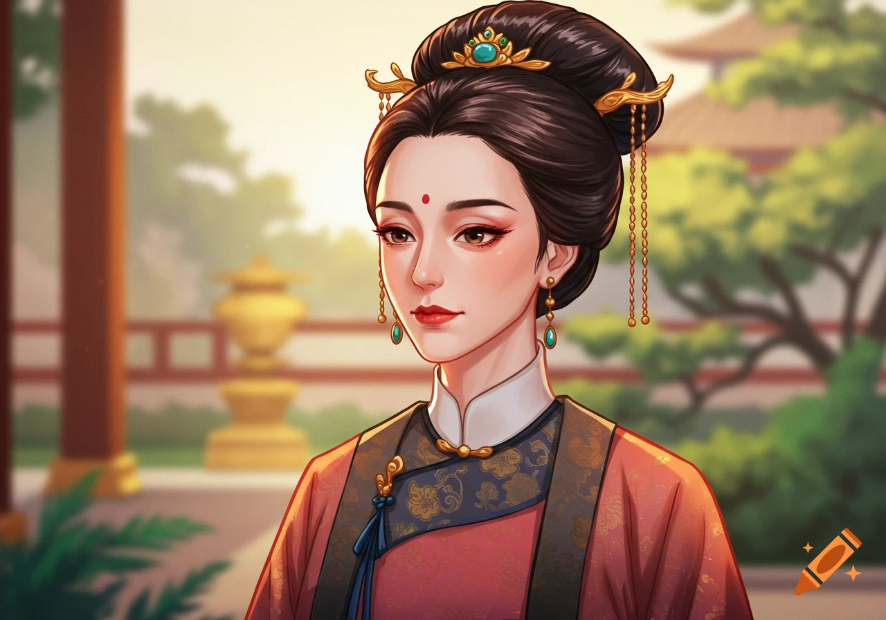 An elegant woman in traditional East Asian attire with ornate hair and earrings, in a stylized illustration.