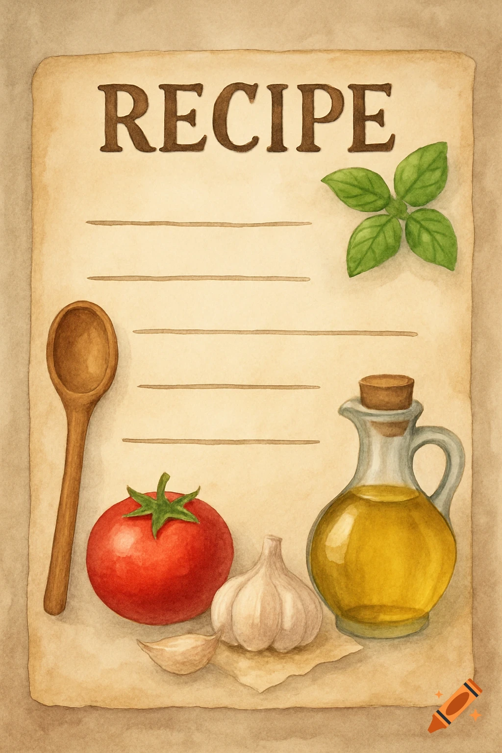 Watercolor illustration of a recipe card with 'RECIPE' text, tomato, garlic, olive oil, basil, and a wooden spoon.