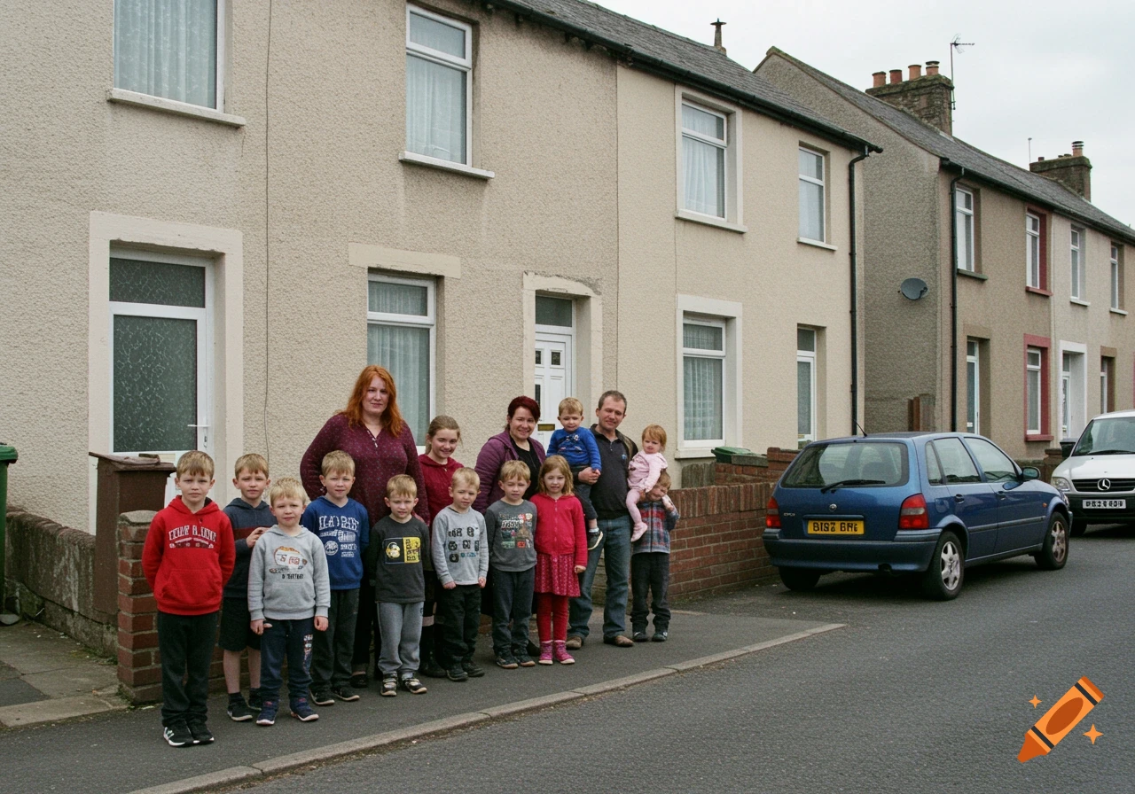 A large family, including two adults and nine children, poses for a photograph outside their terraced home on a street.