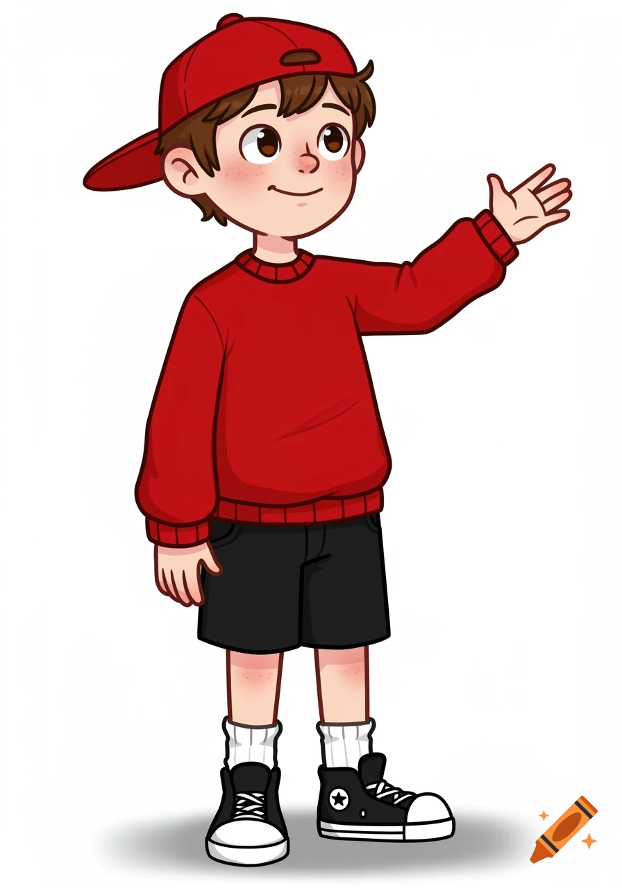 A cartoon boy with brown hair and a red baseball cap, red sweater, black shorts, and black and white sneakers, standing and waving.