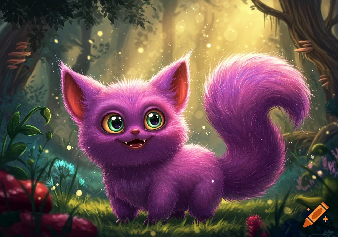 A cute, fluffy purple creature with big green eyes and a wide smile stands in a magical forest with glowing particles.