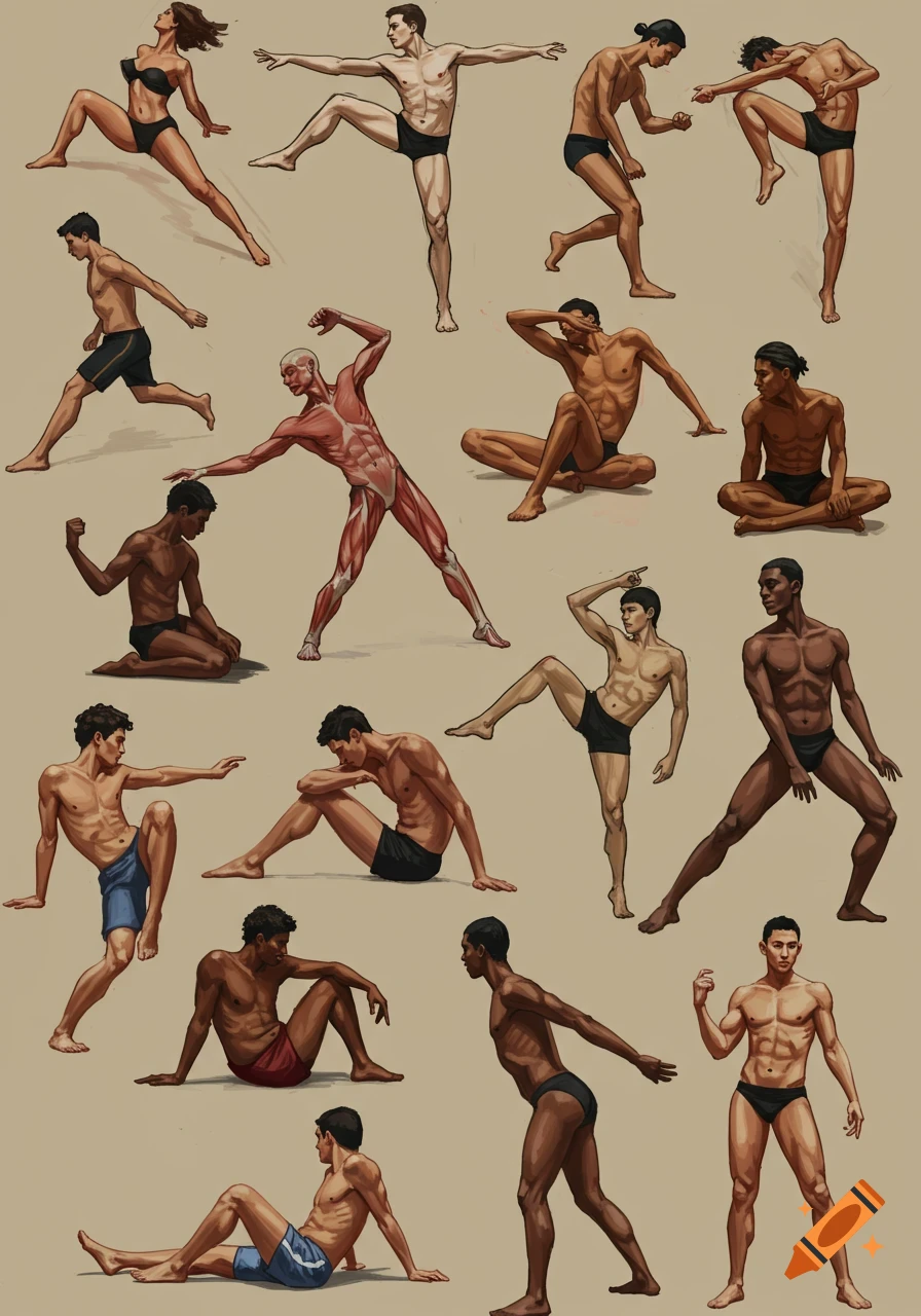An illustrative collection of human figures in various dynamic and static poses, including an anatomical study.