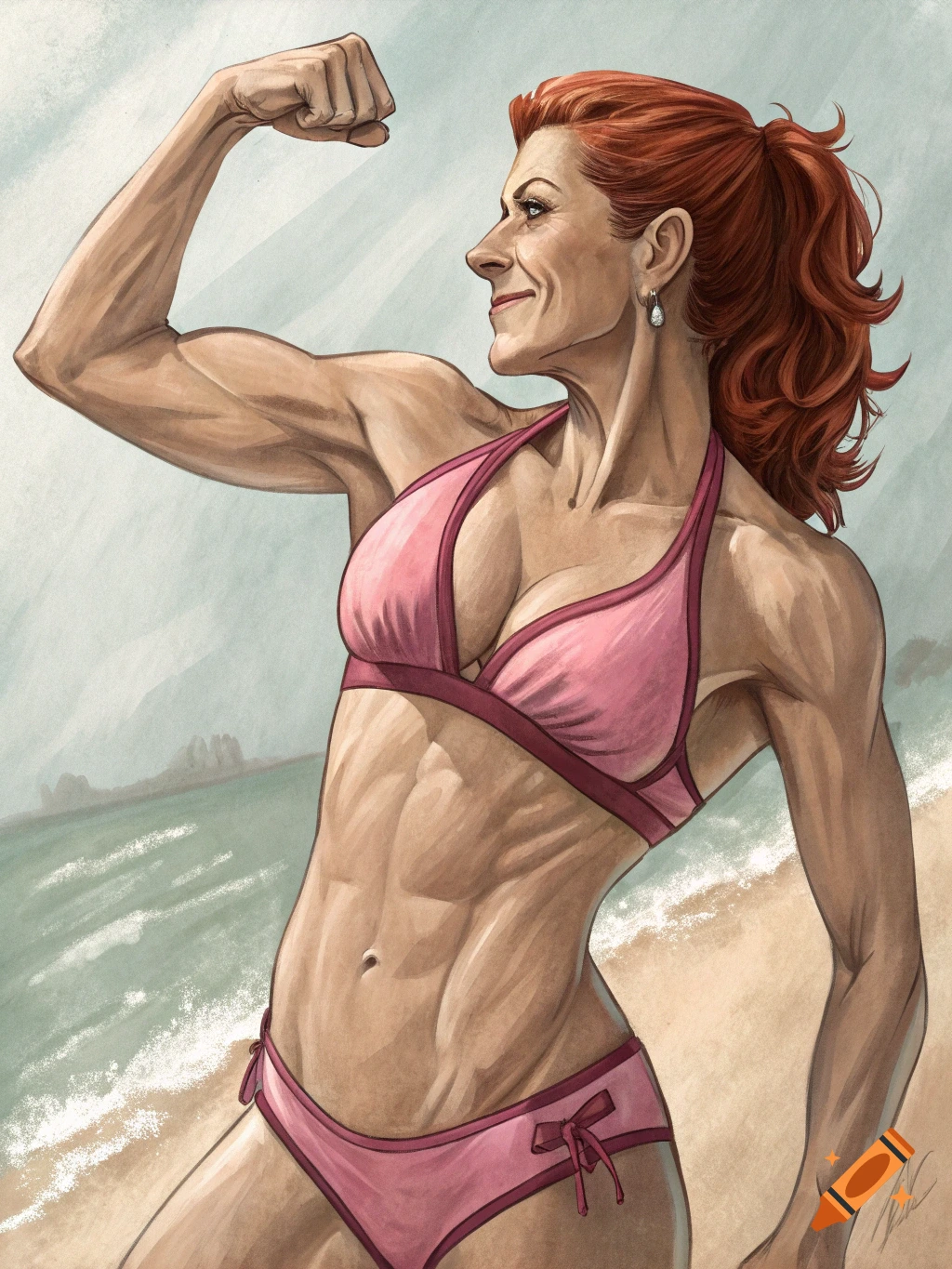 Redheaded muscular woman in a pink bikini flexing her bicep on a beach, in an illustration style.