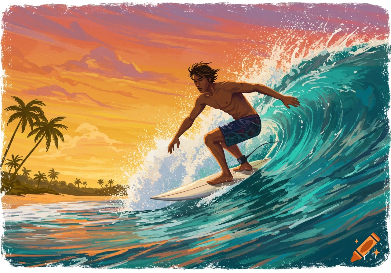 Illustration of a male surfer riding a large wave at sunset with palm trees on the beach.